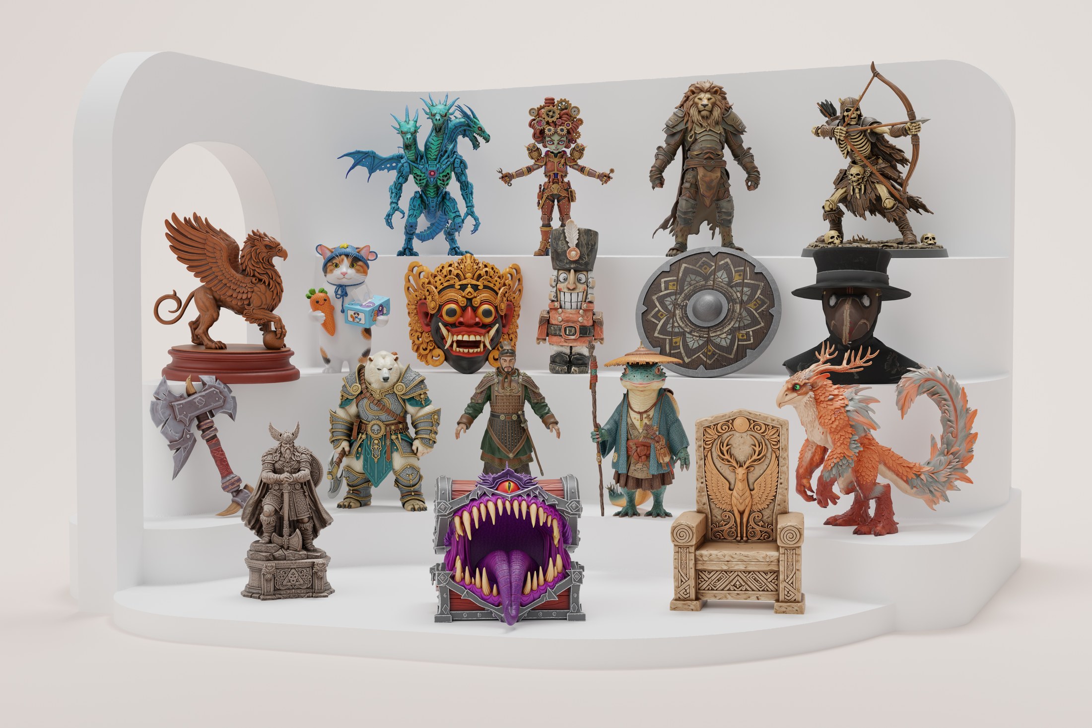 Gallery of diverse 3D assets textured by UltraTex